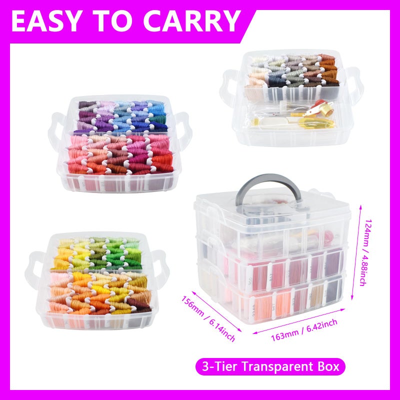 Renashed 187 Pcs Embroidery Thread Floss Kit, 150 Colors Cross Stitch Threads Friendship Bracelet String and 37pcs Tools kit for Friendship Bracelets Arts DIY Crafts with 3-Tier Transparent Organizer Box - Image 4