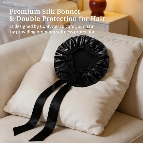 Confvrter Silk Bonnet Satin Bonnet for Sleeping Large Bonnets with Tie Band Hair Wrap with Adjustable Straps Hair Cap for Women Curly Black - Image 3
