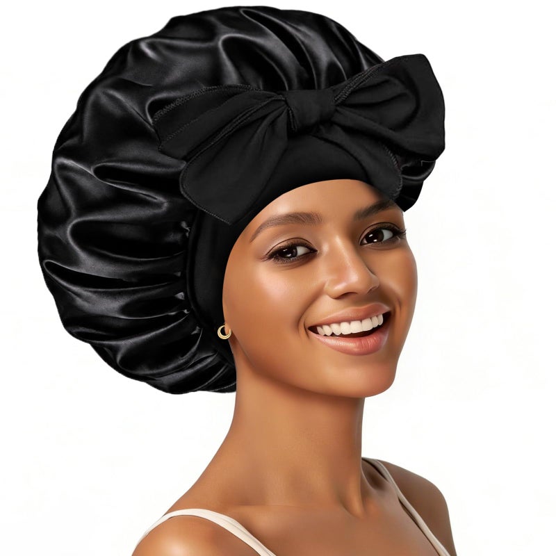 Confvrter Silk Bonnet Satin Bonnet for Sleeping Large Bonnets with Tie Band Hair Wrap with Adjustable Straps Hair Cap for Women Curly Black - Image 2