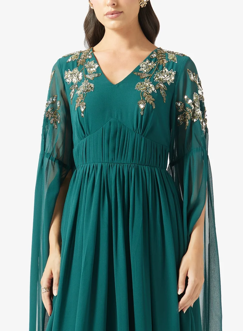 Frock And Frill Green Embellished Flared Sleeve Maxi Dress for Women | Best Price UAE