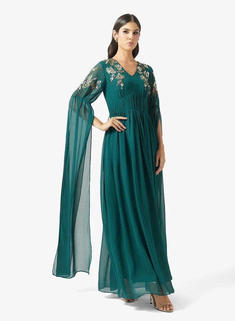Frock And Frill Green Embellished Flared Sleeve Maxi Dress for Women | Best Price UAE