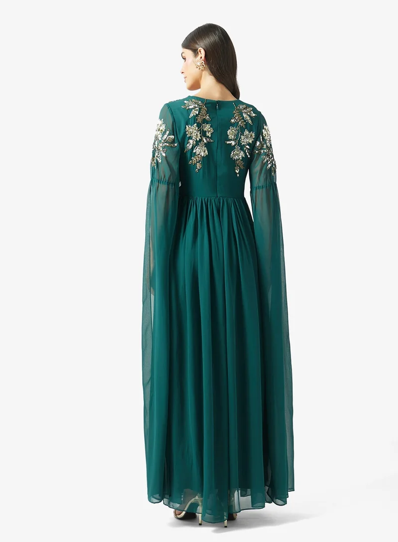 Frock And Frill Green Embellished Flared Sleeve Maxi Dress for Women | Best Price UAE