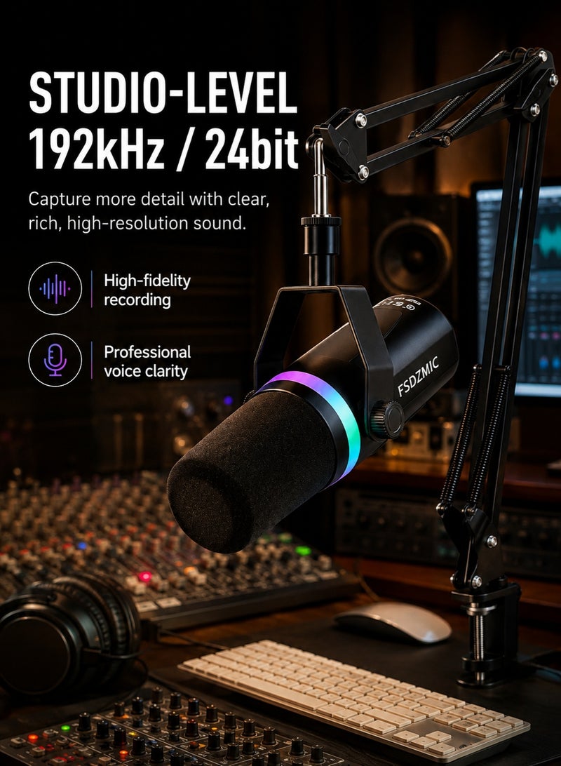 عدة مايكروفون للألعاب بمنفذَي XLR وUSB، مايك ديناميكي للكمبيوتر مخصص للبث الصوتي وتسجيل البودكاست الصوتي - Image 3