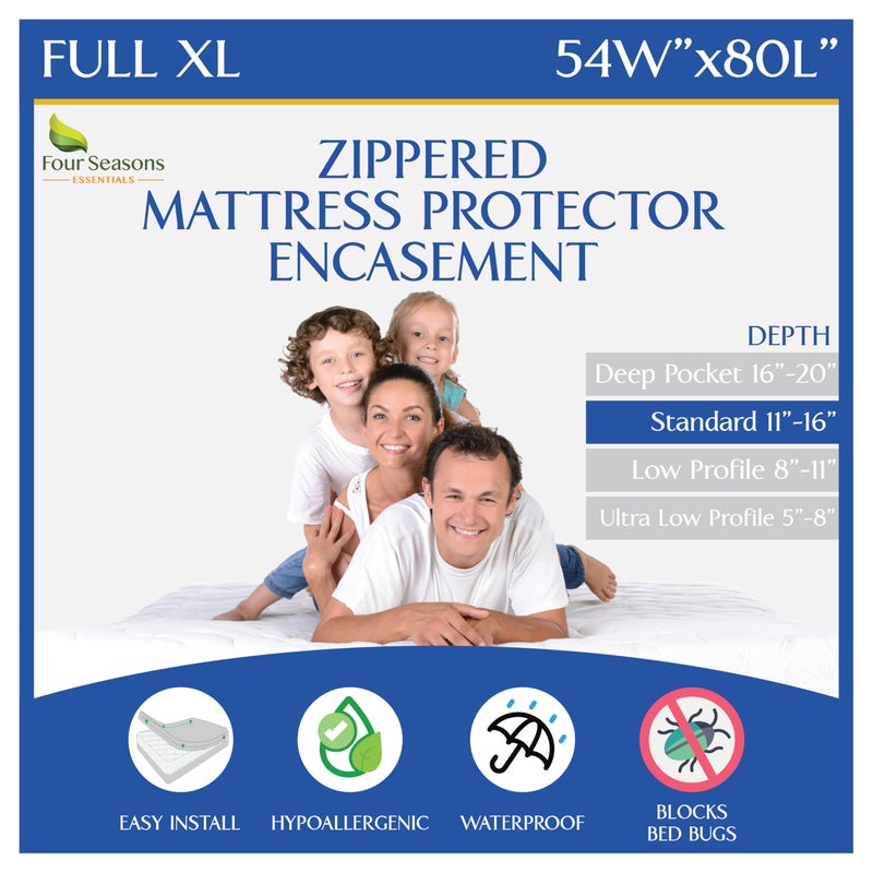 Four Seasons Essentials Full Extra Long (XL) Mattress Protector Zippered Waterproof Encasement Hypoallergenic Premium Quality Cover Protects Against Dust Allergies White - Image 1