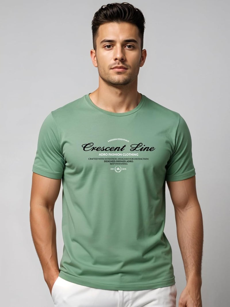 ADRO Men's Regular Fit T-Shirt - Crescent Line Typography Design in Pista Green - Image 2