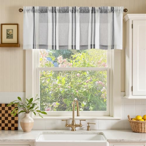 jinchan Striped Valance Farmhouse Window Treatment Linen Textured Drapes for Small Windows Kitchen Living Room RV Vintage Valance 16 Inch Rod Pocket 1 Panel Black and Grey - Image 3