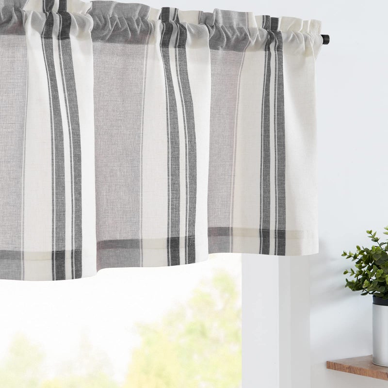 jinchan Striped Valance Farmhouse Window Treatment Linen Textured Drapes for Small Windows Kitchen Living Room RV Vintage Valance 16 Inch Rod Pocket 1 Panel Black and Grey - Image 2