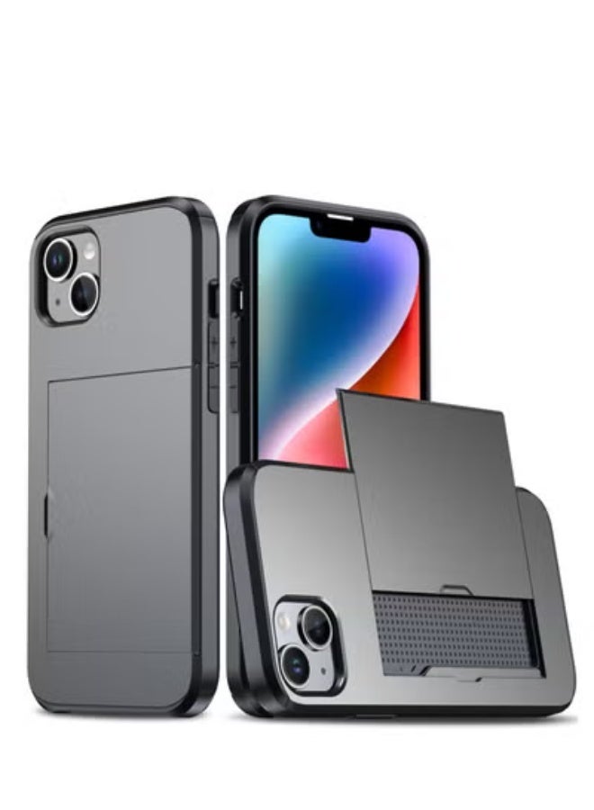 GULFLINK iPhone 15 Plus Case with Card Holder Heavy Duty Dual Layer Hidden Card Slot Slim Wallet case Grey
