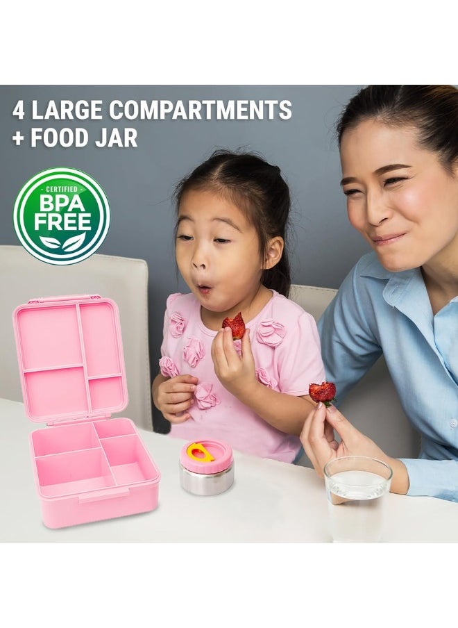 Bamboo Bark - Bamboo Bark Bento Lunch Box for Kids with Food Jar Keeps Food Cold for XH & Warm for XH - Snack Box with Compartments - Dishwasher Safe & BPA Free - Pink - Image 1