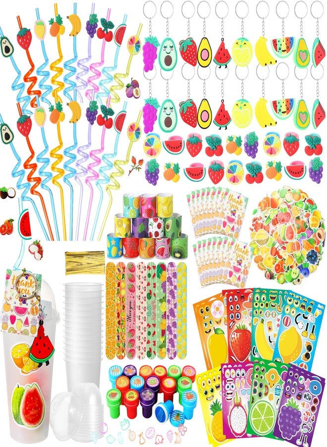 FoldTier 189 Pcs Fruit Party Favors Fruit Themed Party Decorations Gift Cup Silicone Ring Keychain Slap Bracelet Reusable Drinking Straws Stickers Stamp Thank You Tags for Kids Classroom Prizes - Image 1