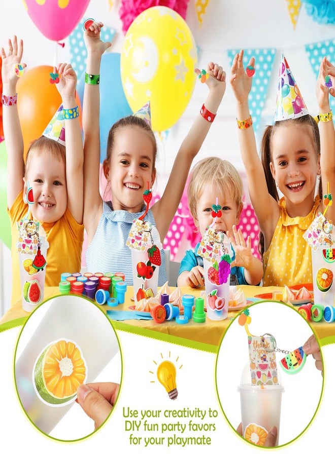 FoldTier 189 Pcs Fruit Party Favors Fruit Themed Party Decorations Gift Cup Silicone Ring Keychain Slap Bracelet Reusable Drinking Straws Stickers Stamp Thank You Tags for Kids Classroom Prizes - Image 4