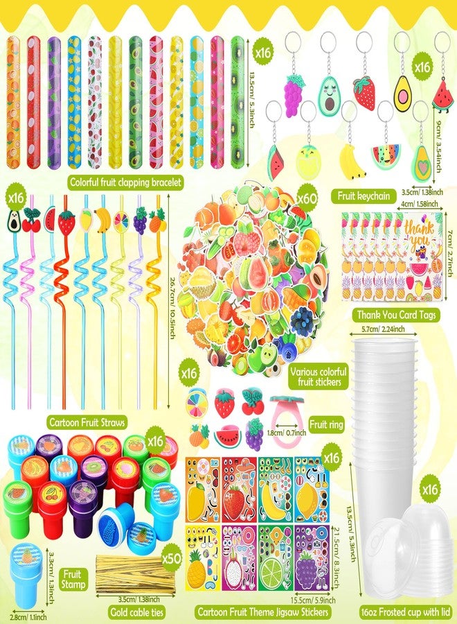 FoldTier 189 Pcs Fruit Party Favors Fruit Themed Party Decorations Gift Cup Silicone Ring Keychain Slap Bracelet Reusable Drinking Straws Stickers Stamp Thank You Tags for Kids Classroom Prizes - Image 2