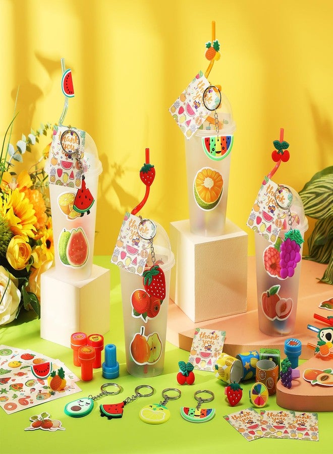 FoldTier 189 Pcs Fruit Party Favors Fruit Themed Party Decorations Gift Cup Silicone Ring Keychain Slap Bracelet Reusable Drinking Straws Stickers Stamp Thank You Tags for Kids Classroom Prizes - Image 3