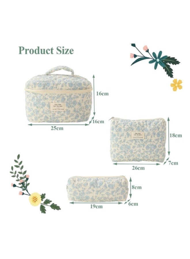 3 Pcs Cotton Quilted Makeup Bag Set, Floral and Cute Travel Cosmetic Organizer, Large Toiletry Bag for Women Girls - Image 3