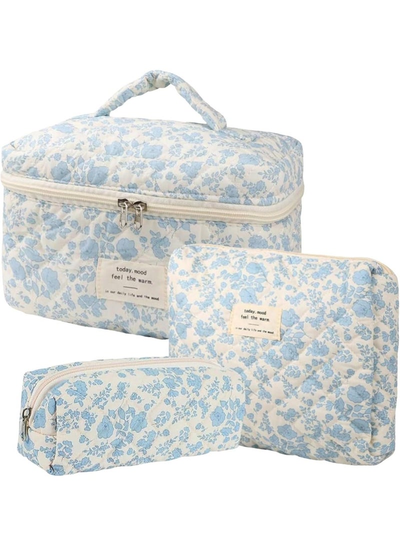 3 Pcs Cotton Quilted Makeup Bag Set, Floral and Cute Travel Cosmetic Organizer, Large Toiletry Bag for Women Girls - Image 1