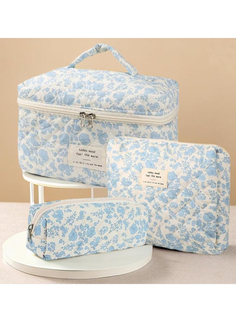 3 Pcs Cotton Quilted Makeup Bag Set, Floral and Cute Travel Cosmetic Organizer, Large Toiletry Bag for Women Girls - Image 4