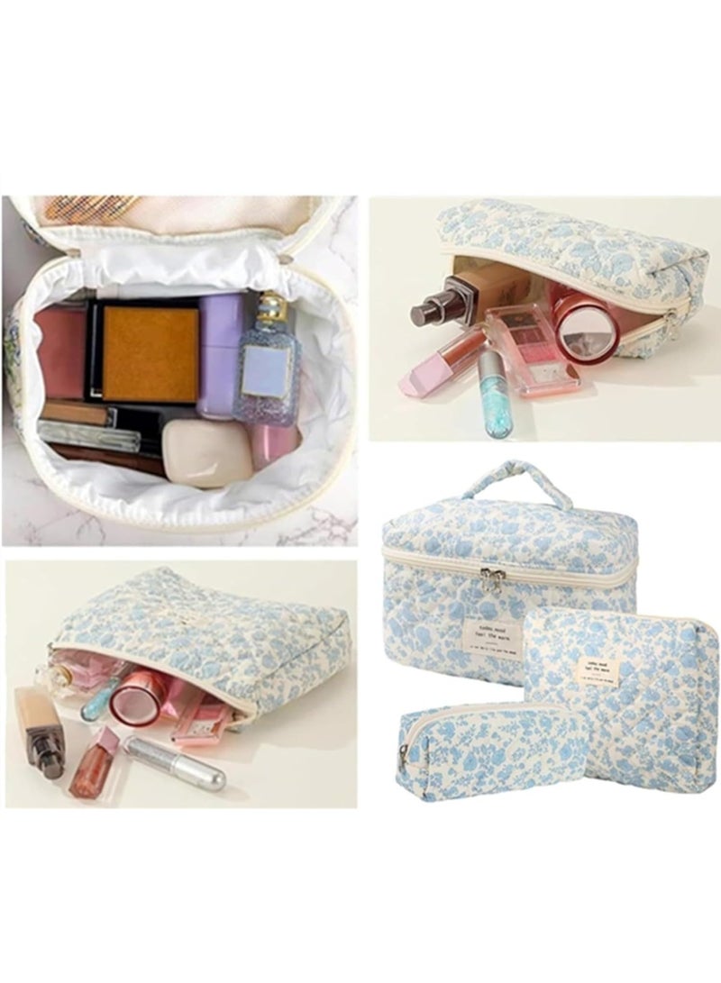3 Pcs Cotton Quilted Makeup Bag Set, Floral and Cute Travel Cosmetic Organizer, Large Toiletry Bag for Women Girls - Image 2