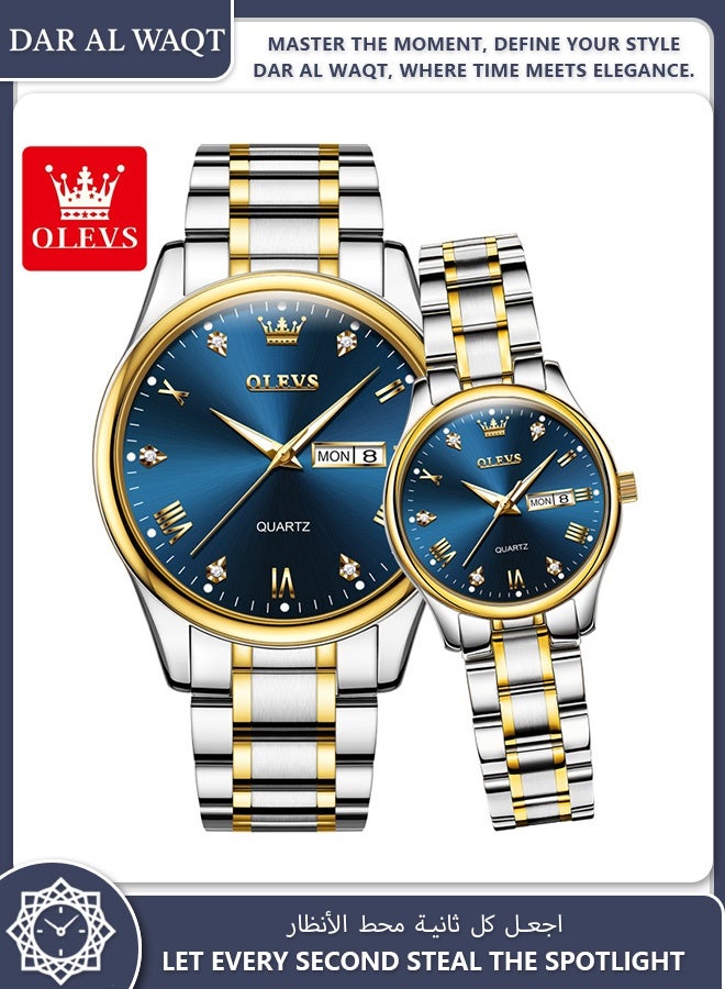 أوليفز ساعة OLEVS الأنيقة للزوجين كوارتز مرصعة بالكريستال مقاومة للماء وسوار فولاذي أزرق - Image 1
