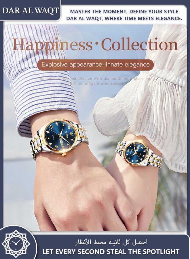 أوليفز ساعة OLEVS الأنيقة للزوجين كوارتز مرصعة بالكريستال مقاومة للماء وسوار فولاذي أزرق - Image 2