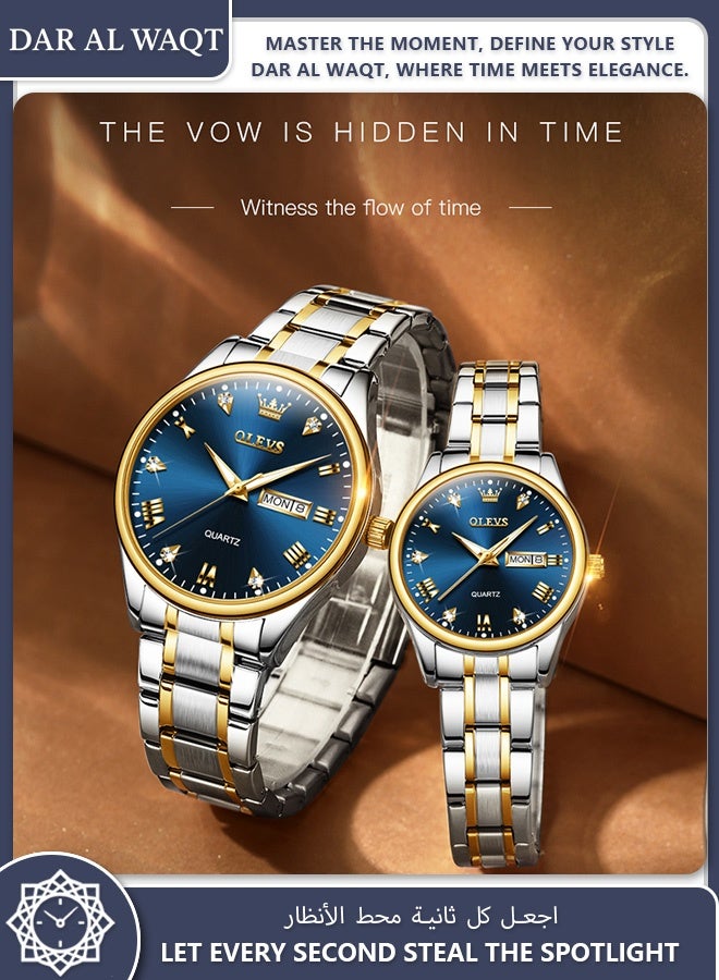 أوليفز ساعة OLEVS الأنيقة للزوجين كوارتز مرصعة بالكريستال مقاومة للماء وسوار فولاذي أزرق - Image 5