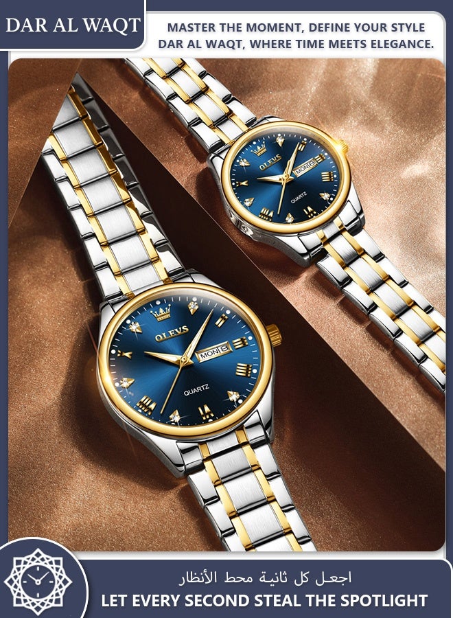 أوليفز ساعة OLEVS الأنيقة للزوجين كوارتز مرصعة بالكريستال مقاومة للماء وسوار فولاذي أزرق - Image 3