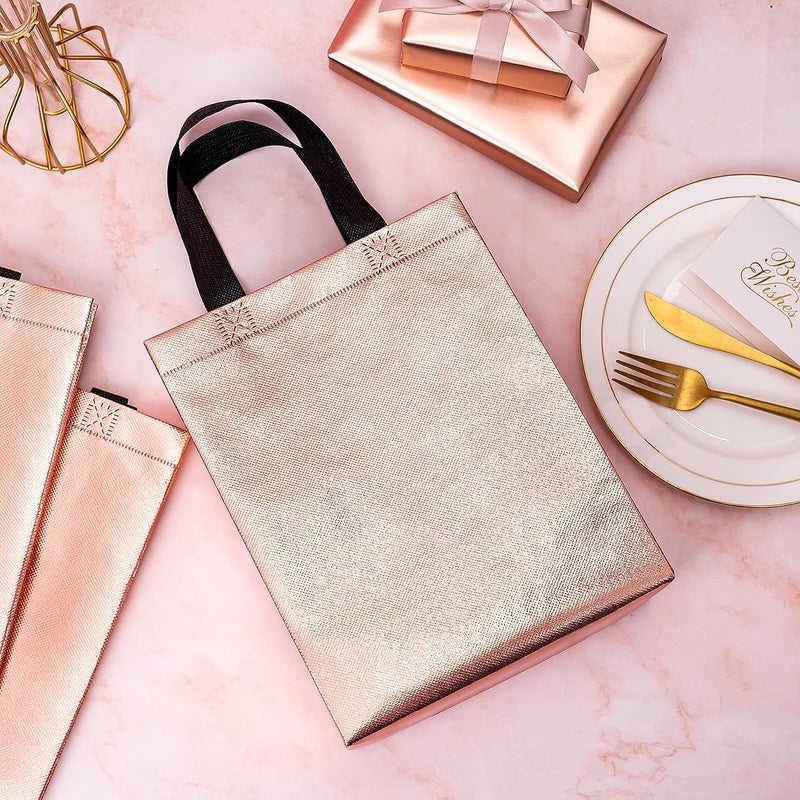 Drapme Small Size Pack of 10 Pcs Glossy Metallic Laminated Non-Woven Reusable Eco-Friendly Party Return Gift Bags (Rose Gold) (Small 9.5x10x4 Inch) - Image 5