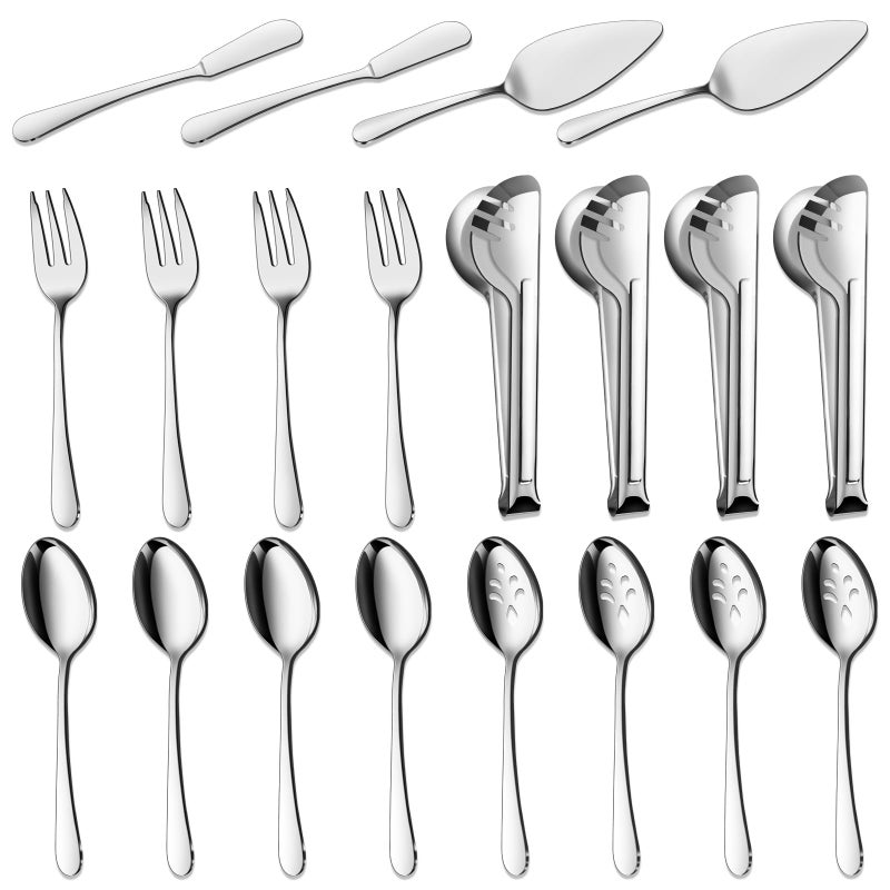 BEWOS Serving Utensils 20Piece Large Serving set Serving Spoons Slotted Spoons Serving Tongs  Forks Cake Server Butter Knife Stainless Steel Serving Utensils Set for Parties Dishwasher Safe