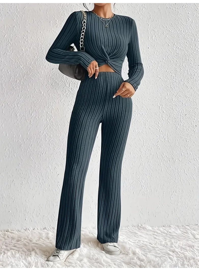 general 2025-2026 Leisure Solid Color Two-Piece Set - Front Tied Long-Sleeved Short-Sleeve Top and A-Line Pants Set - Image 1