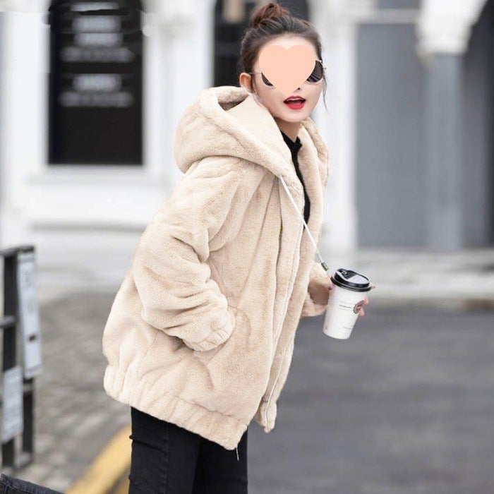 Thickened Fleece Hooded Jacket Womens Mid-Length Winter New Style Korean Loose Plush Long Sleeve Coat Rabbit Fur Simulation Gray  - Image 2