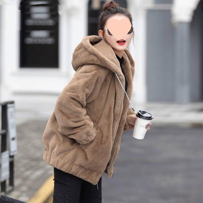Thickened Fleece Hooded Jacket Womens Mid-Length Winter New Style Korean Loose Plush Long Sleeve Coat Rabbit Fur Simulation Gray  - Image 3
