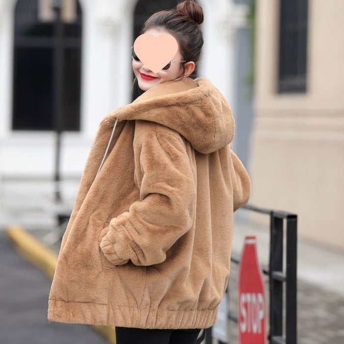 Thickened Fleece Hooded Jacket Womens Mid-Length Winter New Style Korean Loose Plush Long Sleeve Coat Rabbit Fur Simulation Gray  - Image 4