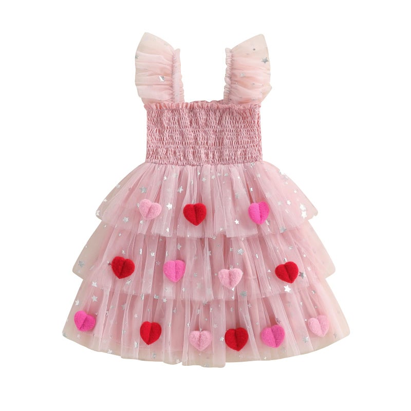 Amnnchya Toddler Valentines Outfit Girl Baby Heart Fly Sleeve Mesh Layered Princess Dress Little Girls Summer Tulle Dresses (Pink, 5-6 Years) - Image 1