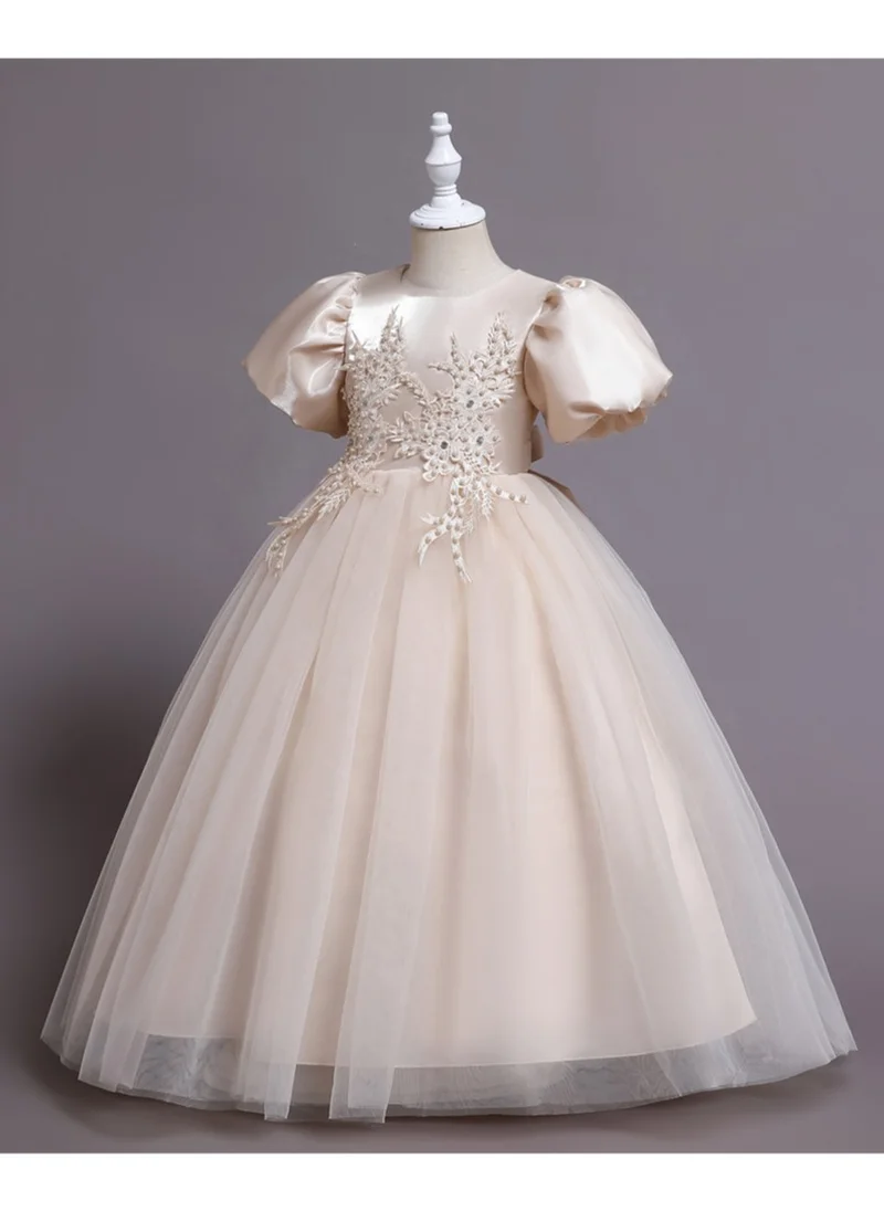 D'Daniela Puff Sleeve Long Tulle Pearl Dress Champagne