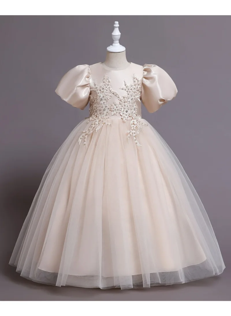 D'Daniela Puff Sleeve Long Tulle Pearl Dress Champagne