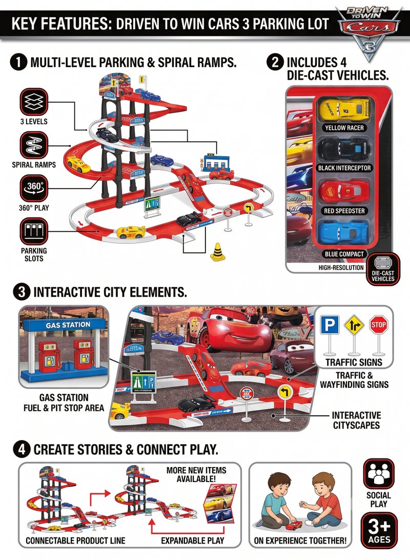 Disney Pixar Cars 3-Story Spiral Parking Lot Playset with 4 Mini Die-Cast McQueen Style Racers – Multi-Level Track Set with Gas Station Pit Stop & Road Signs | Durable ABS Plastic Race Garage Game Gift for Kids, Toddlers & Car Lovers (Age 3+) - Image 2