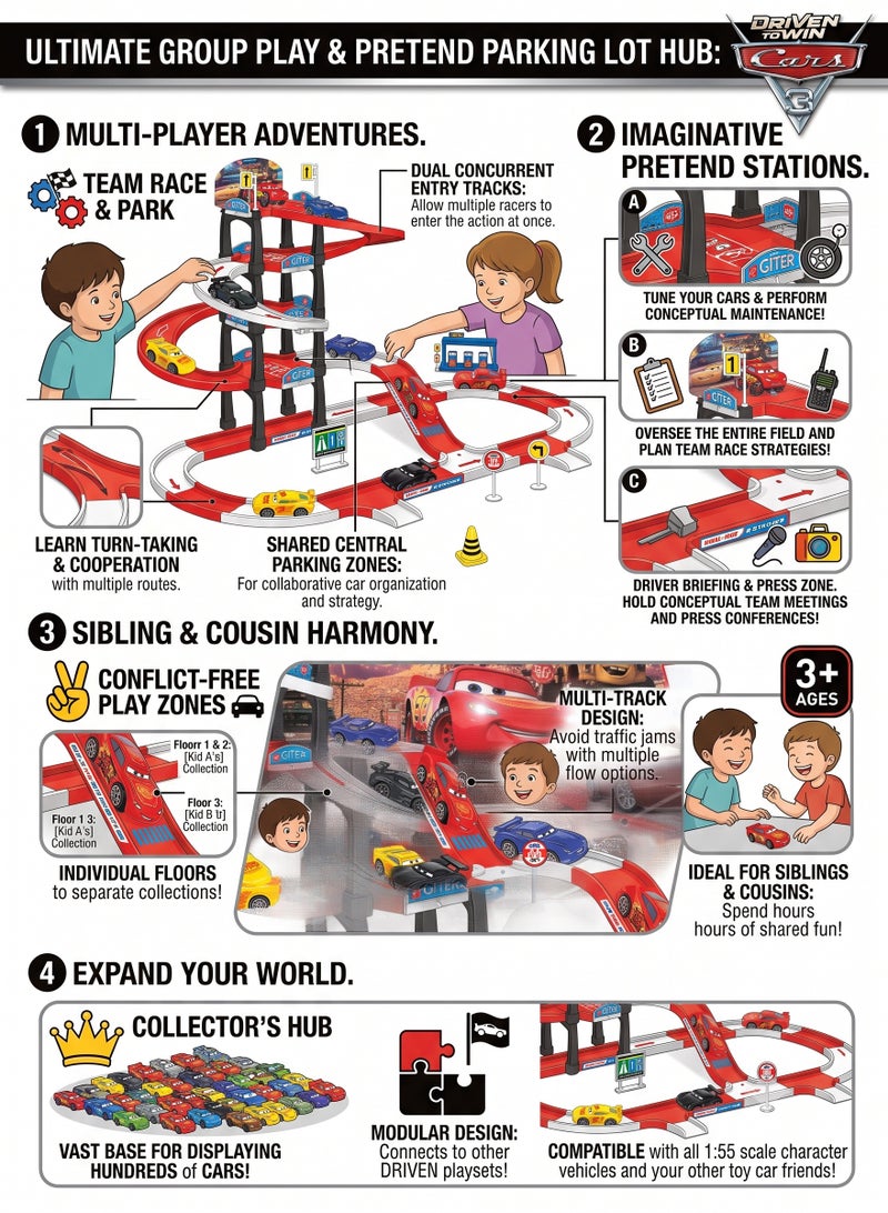 Disney Pixar Cars 3-Story Spiral Parking Lot Playset with 4 Mini Die-Cast McQueen Style Racers – Multi-Level Track Set with Gas Station Pit Stop & Road Signs | Durable ABS Plastic Race Garage Game Gift for Kids, Toddlers & Car Lovers (Age 3+) - Image 3