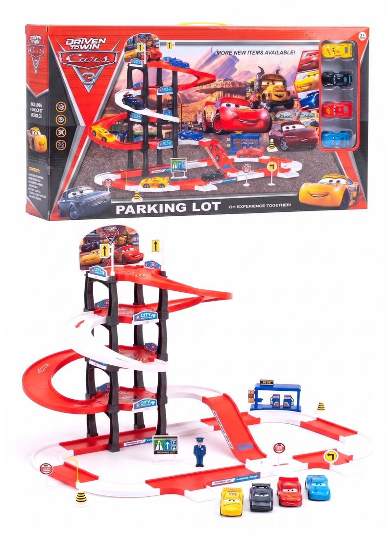 Disney Pixar Cars 3-Story Spiral Parking Lot Playset with 4 Mini Die-Cast McQueen Style Racers – Multi-Level Track Set with Gas Station Pit Stop & Road Signs | Durable ABS Plastic Race Garage Game Gift for Kids, Toddlers & Car Lovers (Age 3+) - Image 1
