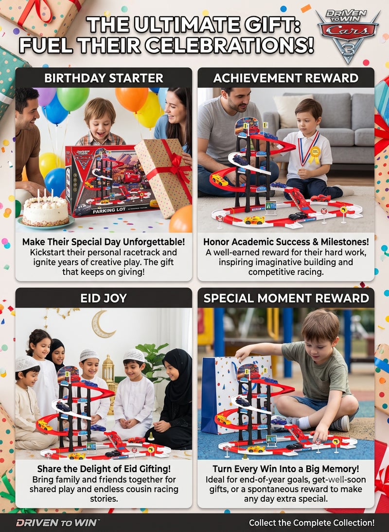 Disney Pixar Cars 3-Story Spiral Parking Lot Playset with 4 Mini Die-Cast McQueen Style Racers – Multi-Level Track Set with Gas Station Pit Stop & Road Signs | Durable ABS Plastic Race Garage Game Gift for Kids, Toddlers & Car Lovers (Age 3+) - Image 4