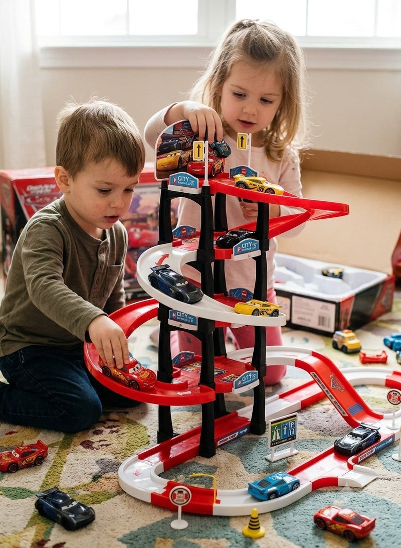 Disney Pixar Cars 3-Story Spiral Parking Lot Playset with 4 Mini Die-Cast McQueen Style Racers – Multi-Level Track Set with Gas Station Pit Stop & Road Signs | Durable ABS Plastic Race Garage Game Gift for Kids, Toddlers & Car Lovers (Age 3+) - Image 5