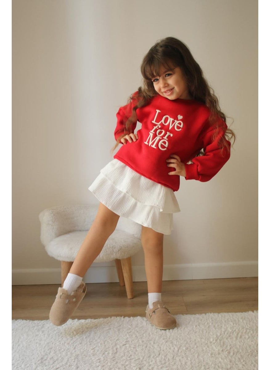 Miniğimin Cicileri - My Little Ones Love Forme Embroidered Sweat Skirt Girl's Set - Red - Image 1