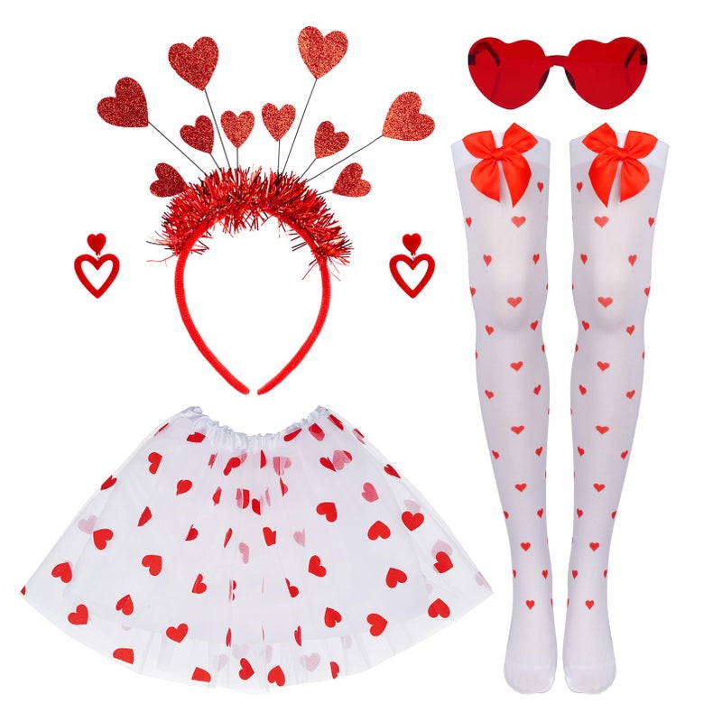 Fengek Valentines Tutu Costume for Woman - Heart Headband, Glasses, Earrings, Tutu Skirt & Stockings, Valentineâ€™s Day Outfit - Image 1