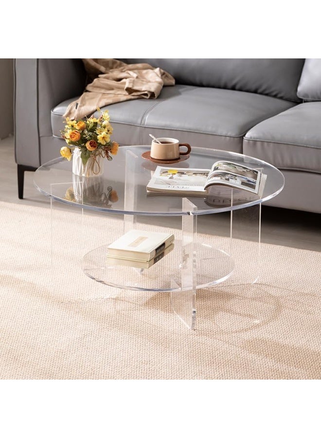 سلاسة طاولة قهوة أكريليك دائرية من SLASA 80 × 80 × 40 سم – طاولة مركزية شفافة عصرية بتصميم بسيط مع مساحة تخزين، طاولة قهوة أكريليك فاخرة لغرفة المعيشة وركن القهوة - Image 1