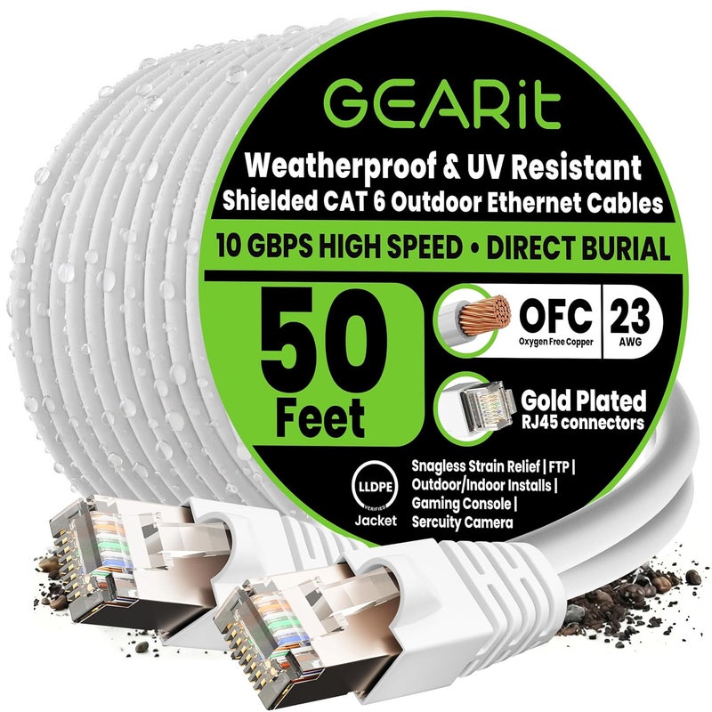GearIT Cat6 Outdoor Ethernet Cable (50ft) 23AWG Pure Copper, FTP, LLDPE, Waterproof, Direct Burial, In-Ground, UV Resistant, POE, Network, LAN, Internet, Cat 6, Cat6 Cable - 50 Feet - Image 1