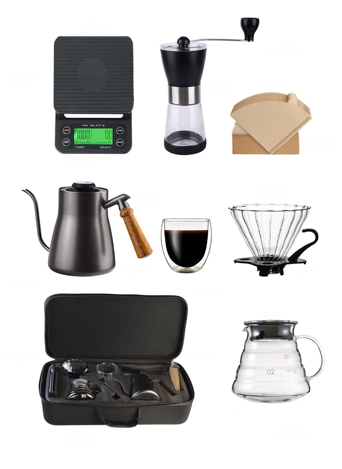 V60 Drip Coffee Set,7-Piece Hand Brewing Coffee Maker Set,Pour Over Coffee Machine Accessories Kit All In 1 Portable Travel Bag 57*16*27cm 