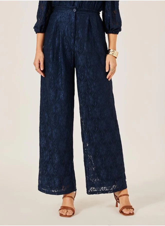Styli Mid Rise Wide Leg Lace Pants