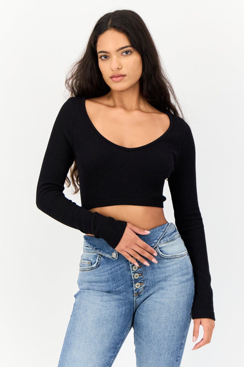 Reserved Women V Neck Long Sleeves Ribbed Crop Top, Black - Image 1