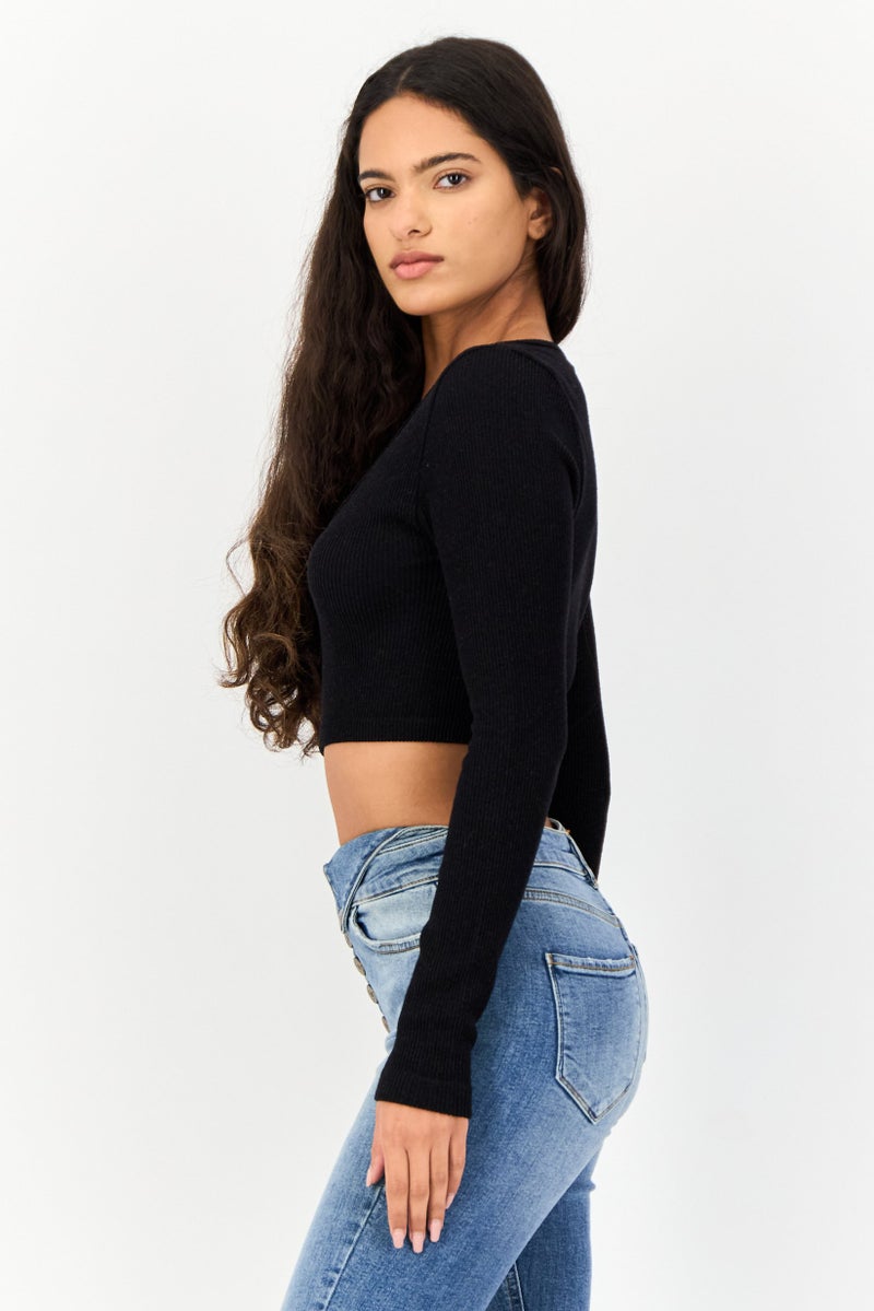 Reserved Women V Neck Long Sleeves Ribbed Crop Top, Black - Image 2