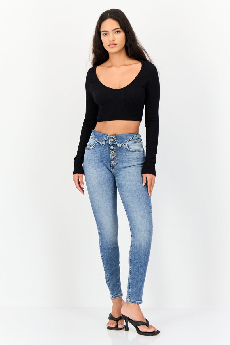 Reserved Women V Neck Long Sleeves Ribbed Crop Top, Black - Image 4