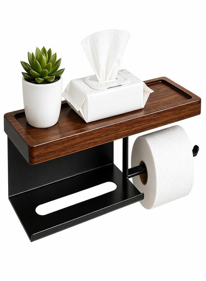 FHJP Black Toilet Paper Holder with Shelf, 14.17" Solid Wood Self Adhesive Toilet Paper Holder Wall Mount, for Small Bathroom, Washroom, RV, Rustic Farmhouse, Fits Mega Rolls, Space Saving, No Drilling - Image 1
