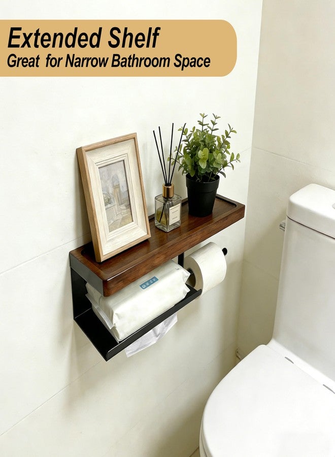 FHJP Black Toilet Paper Holder with Shelf, 14.17" Solid Wood Self Adhesive Toilet Paper Holder Wall Mount, for Small Bathroom, Washroom, RV, Rustic Farmhouse, Fits Mega Rolls, Space Saving, No Drilling - Image 4